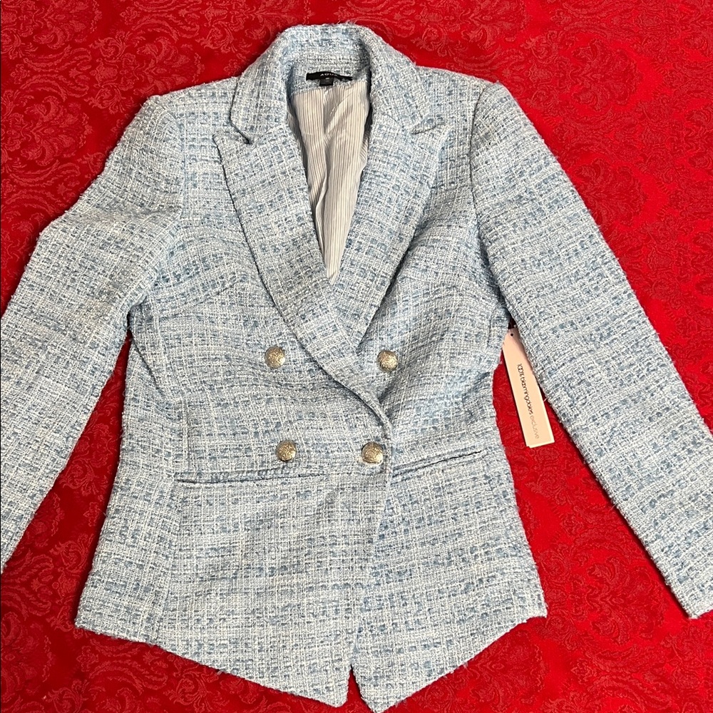 AQUA Contemporary Bouclé Tweed Blazer Women’s XS Blue Double Breasted NWT